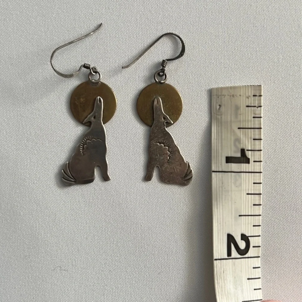 Native American Vintage Sterling Silver Hand Stamped Wolf Howling Moon Earrings